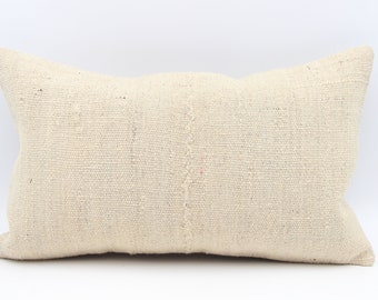 Turkish Kilim Lumbar Pillow Cover, 12x20 Inch, Handmade Wool Cotton Cushion