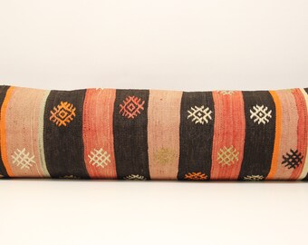 King Kilim Lumbar Pillow Cover: Turkish 14x48 Wool Bedding Pillow