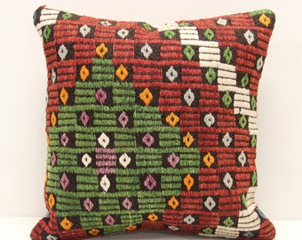 Vintage Kilim Pillow Cover, 16x16, Turkish Boho Decor