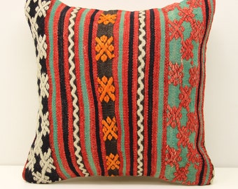 Boho Kilim Pillow Cover (16x16 inch), Turkish Wool & Cotton Cushion
