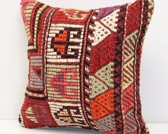 Vintage Kilim Pillow Cover 16x16, Turkish Boho Cushion