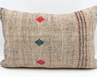 Funda de almohada lumbar Kilim turca vintage, cojín con acento de lana (40,6 x 61 cm)