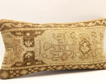 Vintage Kilim Lumbar Pillow Cover 10x20, Turkish Boho Cushion
