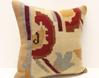 Handmade Turkish Kilim Pillow Cover, Wool & Cotton, 16x16