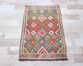 Alfombra Kilim Turca: 2'6x1'6, Alfombra de Entrada Vintage de Lana Tejida
