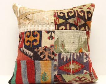 Patchwork Kilim Pillow Cover, 18x18 inch, Handmade Turkish Home Decor