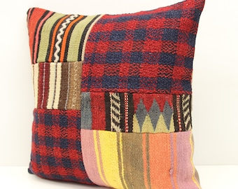 Funda de almohada Kilim de patchwork hecha a mano, con detalles de tejido turco (45 x 45 cm)