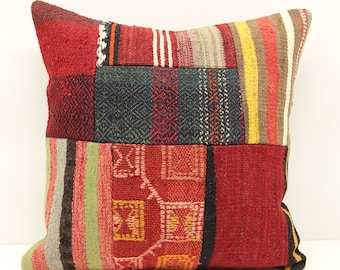 Funda de almohada Kilim de patchwork hecha a mano, con detalles de tejido turco (45 x 45 cm)