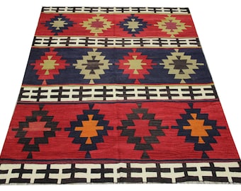 Vintage Turkish Kilim Rug, Handmade Wool Area Rug (6,7x5,5 ft)