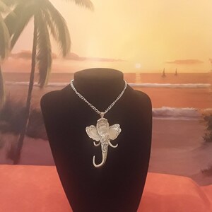 May include: A silver elephant pendant necklace on a silver chain. The elephant is detailed with intricate carvings and has a raised trunk. The necklace is displayed on a black mannequin against a backdrop of a sunset over a beach.