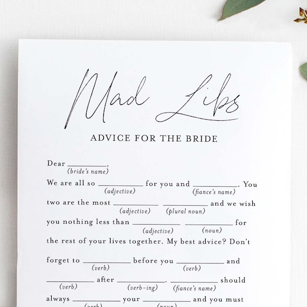 Minimal Script Mad Libs, Bachelorette Party Games, Bridal Mad Libs, Shower Games Printable, Advice for Bride to Be, Digital Download PDF