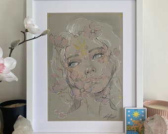 Original Art Drawing, Fairy Girl Drawing, Cosmos Flower Artwork, Real Art for Her Gift, Real Pencil Portrait Art, A4 Real Art Print