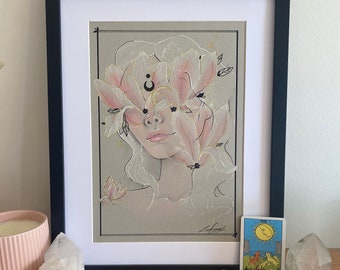 Art original, lune, art de la déesse lune, art floral de magnolia, dessin au crayon, art réel à vendre, dessin de portrait, art mural, cadeaux artistiques pour elle