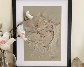 Original artwork, Fairy girl Magnolia Spirit. Real Art gift for her, Magical Mystic wall art made by real artist. A4 Hand drawn sketch print