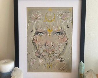 Celestial art drawing, Original artwork, Real art for her, Luna goddess fairy, Moon and stars portrait, Hand drawn A4 print, Cosmos artwork
