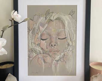 Dessin d'art original, dessin de fille de fée, oeuvre d'art de fleur de pivoine, vrai cadeau d'art, vrai portrait d'art au crayon, fée des jardins, véritable impression d'art A4
