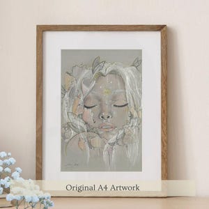 Dibujo artístico original, dibujo de niña elfa, obra de arte de peonía, regalo artístico real, retrato artístico a lápiz real, hada de jardín, impresión artística A4