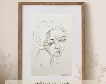 Angel Fairy Pencil Sketch: Gold Leaf Illustration, Mystical Wall Art (A5)
