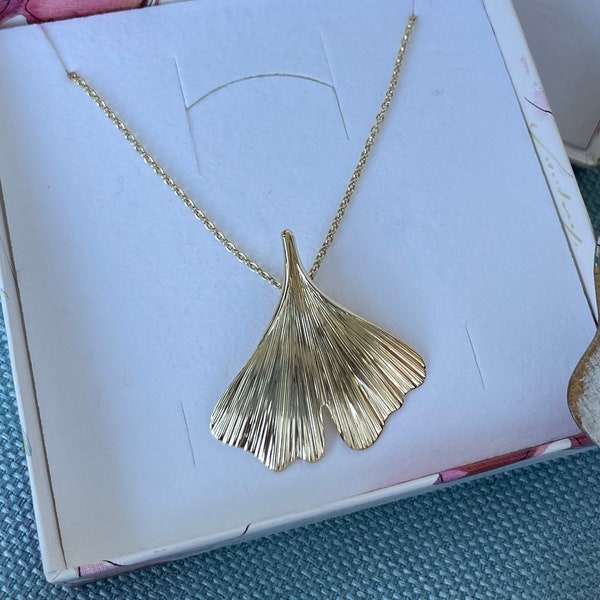 Golden large Ginkgo leaf pendant with chain, adjustable chain length, handmade of 925 silver - shiny or matt - Handmade in Germany