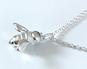 Cute solid bee pendant with adjustable fine chain handmade of solid 925 silver