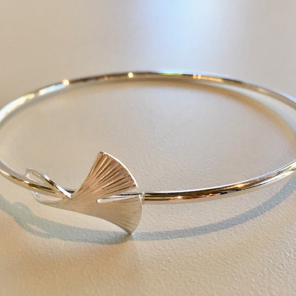 Bracelet feuille de ginkgo fait main en argent sterling 925, petit jonc qui peut être ouvert