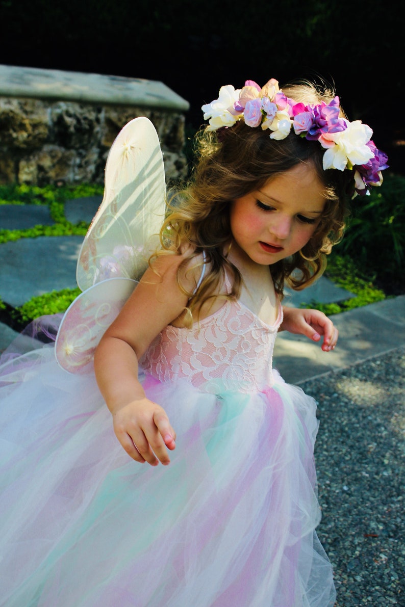 Pastel tulle lace fairy set infant and girls pastel tulle fairy dress with wings and flower crown pastel tulle fairy dress pastel fairy