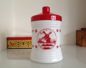 Retro storage jar white glass with a red lid Vintage Cigar jar