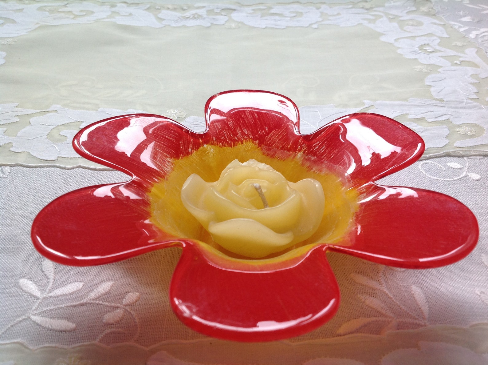 Retro candle holder Bright red and yellow Flower shaped candle Etsy