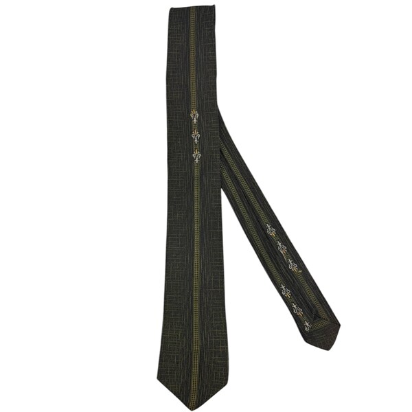 Vintage 1950s Olive Green Narrow Tie with Fleur-de-Lis Motif by Gentry