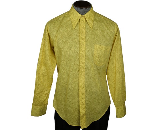 Vintage 60s Shirt Floral Pattern Yellow Cotton Me… - image 1