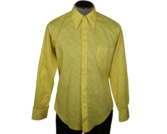 Vintage 60s Shirt Floral Pattern Yellow Cotton Me… - image 1