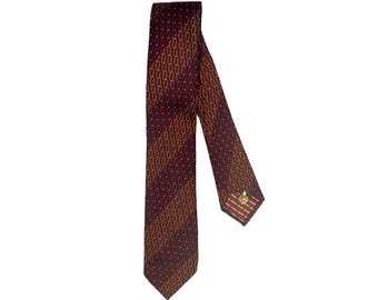 May include: A brown and burgundy patterned silk tie with a diagonal pattern.