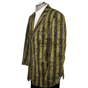 Vintage Brocade Velvet Jacket Green & Black Striped Blazer Sport Coat Size 44 R VFG image 2