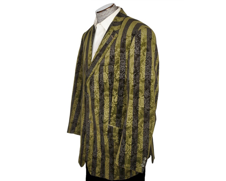 Vintage Brocade Velvet Jacket Green & Black Striped Blazer Sport Coat Size 44 R VFG image 2