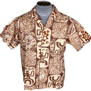 Vintage NOS 1960s Hawaiian Tiki Shirt Textured Cotton Sea Island Swimwear USA Size L - VFG