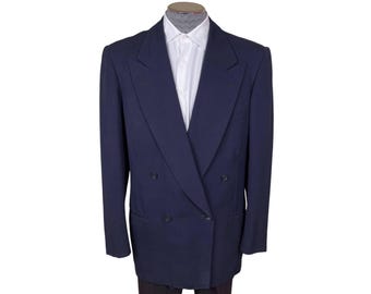 Vintage 1940s Mens Suit Jacket Blue Wool Worsted Custom Tailored
