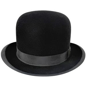 May include: A black bowler hat, featuring a rounded crown and a black grosgrain ribbon band. The hat has a curved brim. This traditional hat is often associated with formal wear and vintage styles.