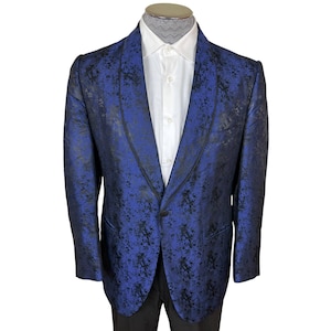 Vintage 1960s Shiny Blue Brocade Tuxedo Dinner Jacket Mens Size Medium image 1