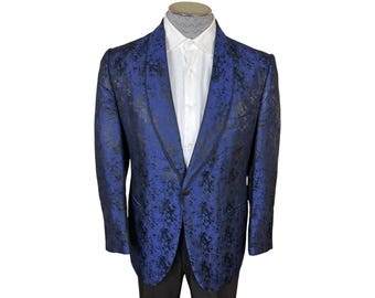 Vintage 1960s Shiny Blue Brocade Tuxedo Dinner Jacket Mens Size Medium