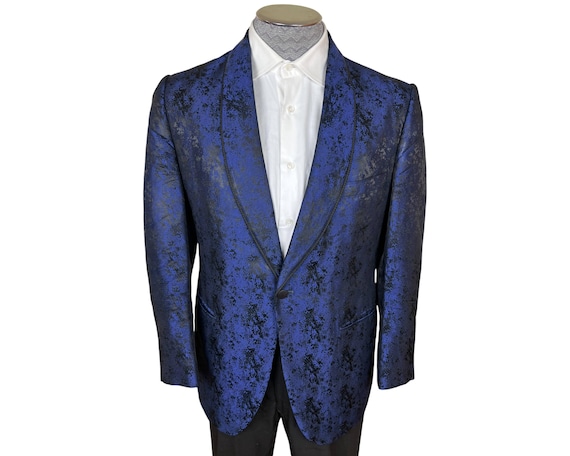 Vintage 1960s Shiny Blue Brocade Tuxedo Dinner Jacket Mens Size Medium
