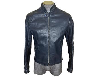 Vintage Cafe Racer Blue Leather Motorcycle Jacket British Cycle Leathers S
