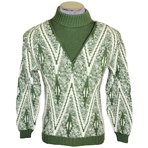 Vintage 1950s Knit Sweater with Built-In Turtleneck – Rockabilly V-Neck Pullover– Size S M