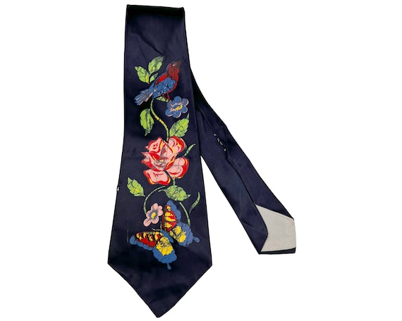 Vintage 1940s Hand Painted Tie Bird & Rose Neckti… - image 1