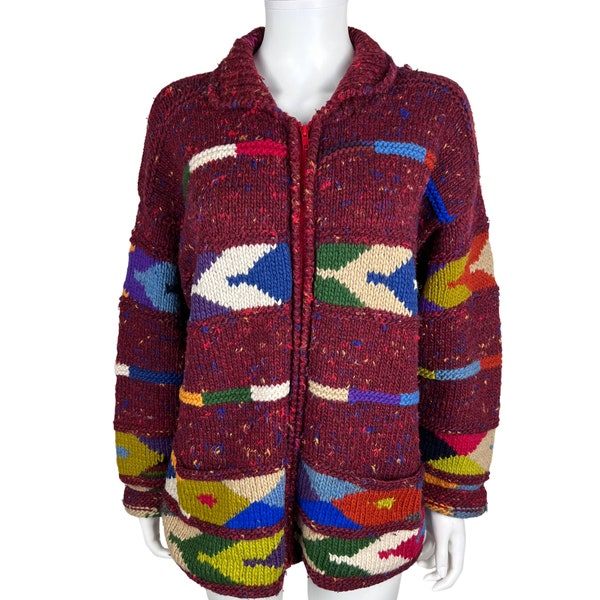 Vintage 1990s Sweater Jacket Intarsia Cardigan Made in Ecuador Unisex M L