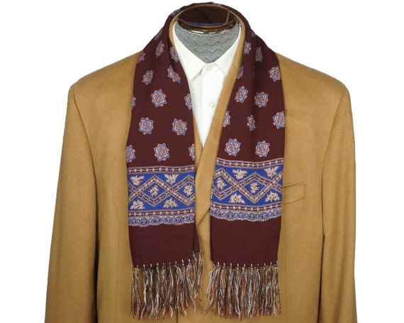 Vintage Mens Fringed Paisley Scarf Maroon & Blue C