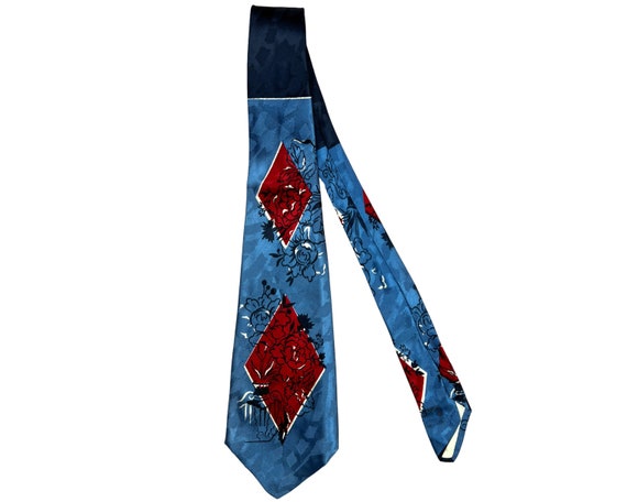 Vintage 1940s 50s Mens Blue and Red Satin Tie - image 1