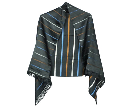 Vintage 60s Mens Silk Scarf Striped Black Shawl B… - image 2