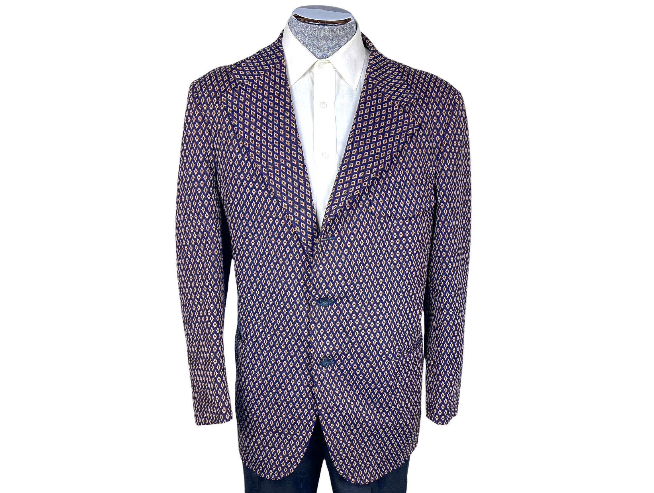 Vintage 1970's  Men's Sports Jacket Blue Plaid Polyester Double Knit Size 40 L