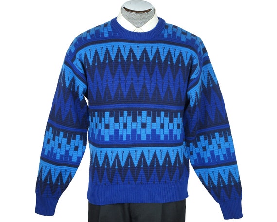 Vintage 70s Ski Sweater Blue Geometric 