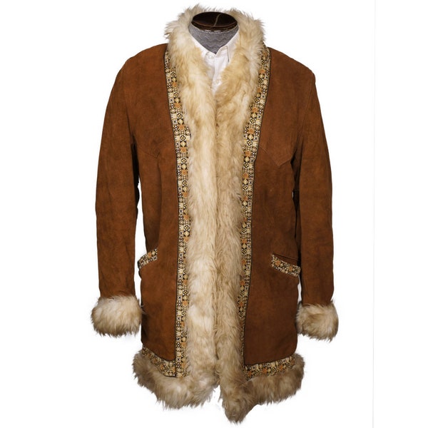 Vintage 1970s Mens Suede Hippie Coat with Faux Fur Trim and Brocade Ribbon - M